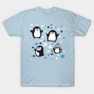 Kawaii Penguins With Winter Snowflakes Seamless Pattern For Christmas Time T-Shirt